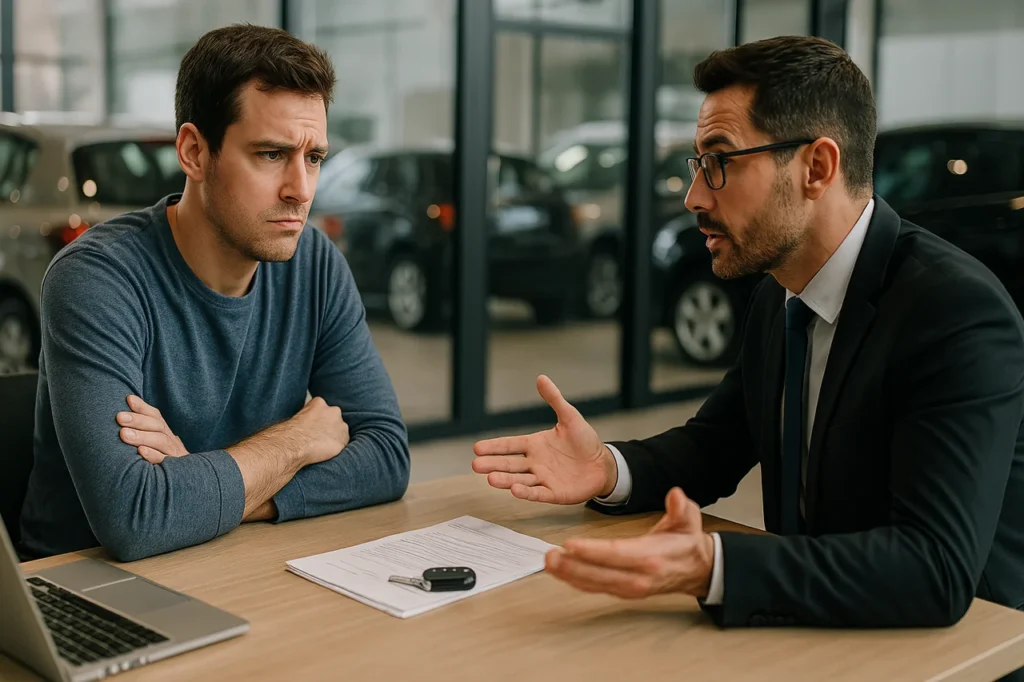 Golpe com carro usado trava licenciamento e transferência 2 Homem em seus 30 anos, com expressão desconfiada, negocia a venda de um carro usado com um vendedor confiante em uma concessionária moderna. Ambos estão sentados frente a frente em uma mesa com documentos, chaves e notebook, com carros visíveis ao fundo através de paredes de vidro. Cena transmite tensão e cautela no processo de negociação - revendedoras de carros usados
