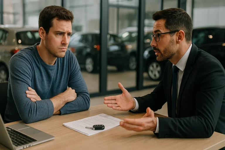 Homem em seus 30 anos, com expressão desconfiada, negocia a venda de um carro usado com um vendedor confiante em uma concessionária moderna. Ambos estão sentados frente a frente em uma mesa com documentos, chaves e notebook, com carros visíveis ao fundo através de paredes de vidro. Cena transmite tensão e cautela no processo de negociação - revendedoras de carros usados