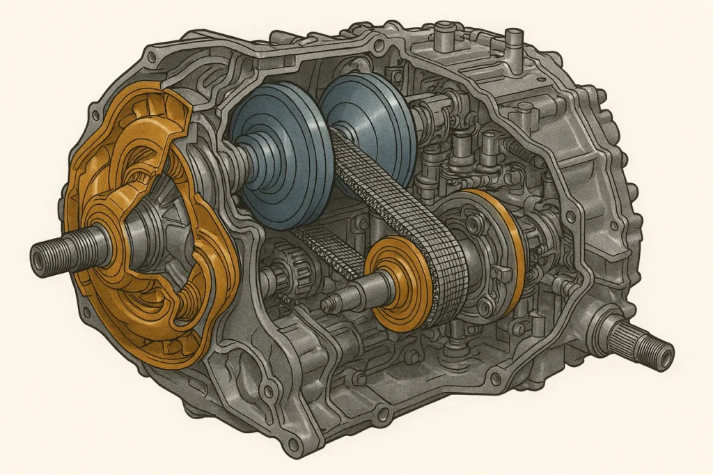 Câmbio CVT: como funciona, vantagens e cuidados essenciais 5 Ilustração técnica detalhada e colorida de um câmbio CVT automotivo em corte transversal, mostrando os principais componentes internos como as polias cônicas azul e amarela, correia metálica, conversor de torque e atuadores hidráulicos, com destaque para a complexidade mecânica do sistema.