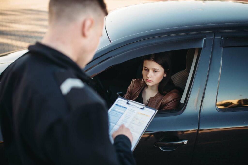 Mitos e verdades sobre a Máfia das Multas 5 mulher triste dentro do carro recebendo uma multa de trânsito de um policial rodoviário mafia das multas