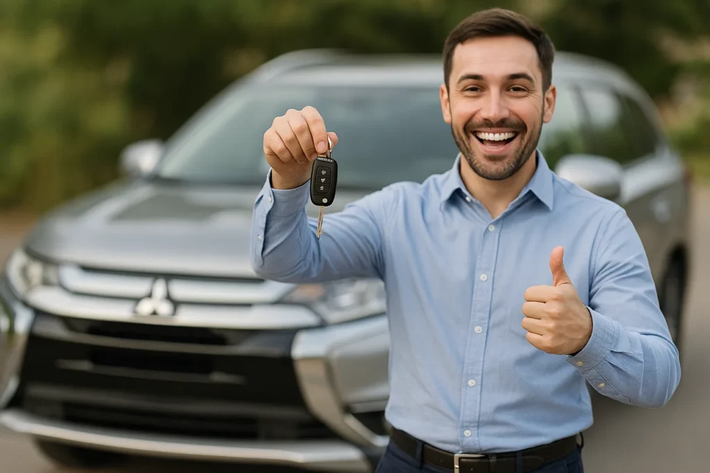 Homem sorridente segurando a chave do carro novo em frente a um veículo, simbolizando a satisfação após comprar o carro certo.