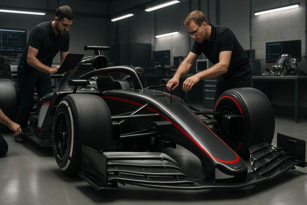 Quanto custa um carro de Fórmula 1? Veja preços atuais e o cenário para 2026 1 quanto custa um carro de Fórmula 1 - Carro moderno de Fórmula 1 com pintura preta e detalhes em vermelho sendo preparado por engenheiros em um box de alta tecnologia, com computadores e peças de motor ao fundo, em ambiente bem iluminado que destaca a aerodinâmica e os materiais avançados como fibra de carbono.