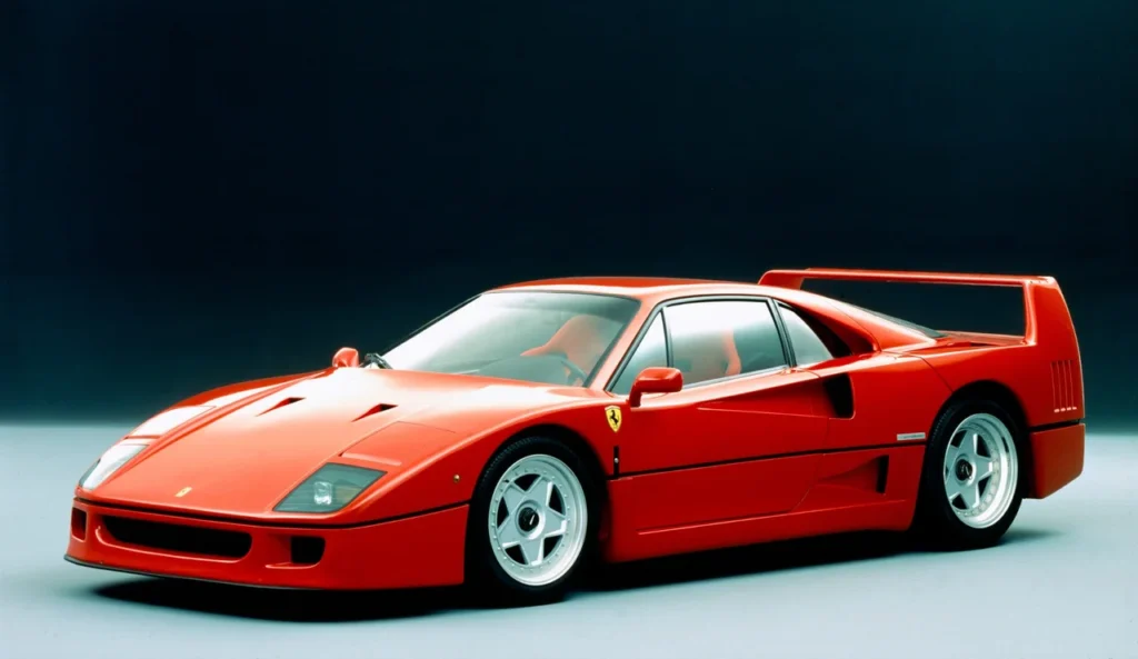 Ferrari F40: Tudo Sobre um dos Carros Mais Importantes da História da Marca 2 Ferrari F40 vermelha vista em um estúdio, com destaque para o design aerodinâmico, faróis embutidos, rodas esportivas e o icônico aerofólio traseiro.