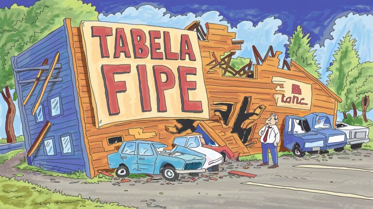Blog 3 Uma imagem engraçada de uma concessionária de carros falida caindo aos pedaços. O prédio tem uma grande placa que diz "Tabela Fipe". O prédio é feito de madeira e está em desordem, com partes dele desabando. Há carros estacionados do lado de fora, alguns dos quais estão danificados. Um homem está parado perto do prédio, parecendo preocupado. O fundo contém árvores e uma estrada.