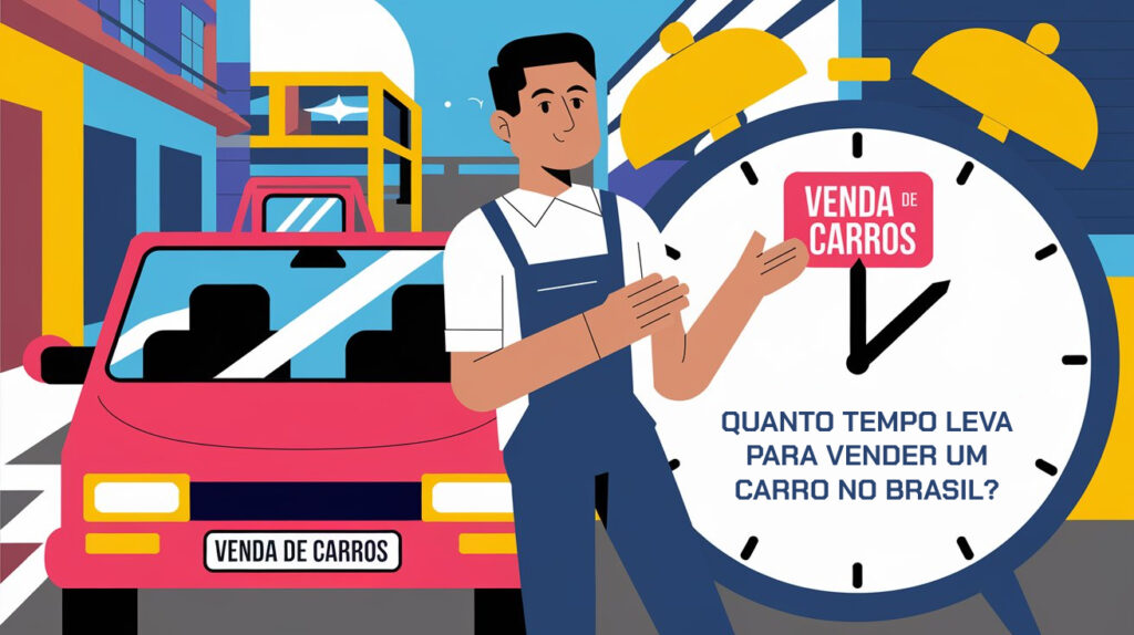 Quando tempo leva para vender um carro no Brasil? - Uma ilustração de um homem vendendo um carro no Brasil. O homem está vestindo uma camisa branca e um uniforme azul. Ele está de pé ao lado de um carro vermelho com o texto "Venda de carros". Há um grande relógio com o texto "Quanto tempo leva para vender um carro no Brasil?". O fundo é uma rua brasileira com prédios e um ônibus.