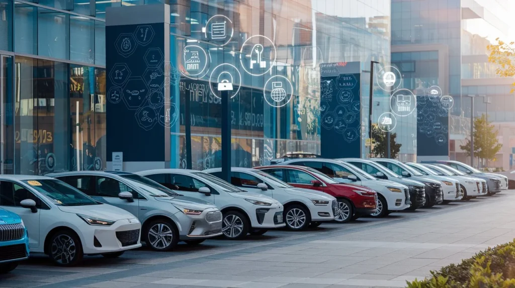 Fila de carros variados estacionados em frente a uma concessionária urbana, ilustrando a variedade disponível no mercado de carros usados