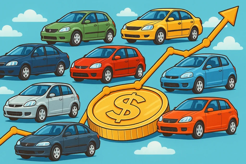 Qual cor de carro comprar? Veja prós e contras de cada tonalidade 1 Ilustração digital em estilo anos 2000 mostrando dez carros coloridos dispostos sobre uma grande moeda dourada com símbolo de dólar, ao fundo um gráfico ascendente, representando os carros com menor custo por km rodado de forma visualmente atrativa e divertida.
