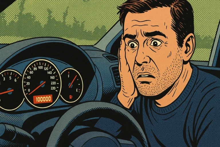 Ilustração de um homem preocupado ao volante de um carro, olhando para o painel que marca 100.000 km, representando a tensão associada a carros com mais de 100 mil km.