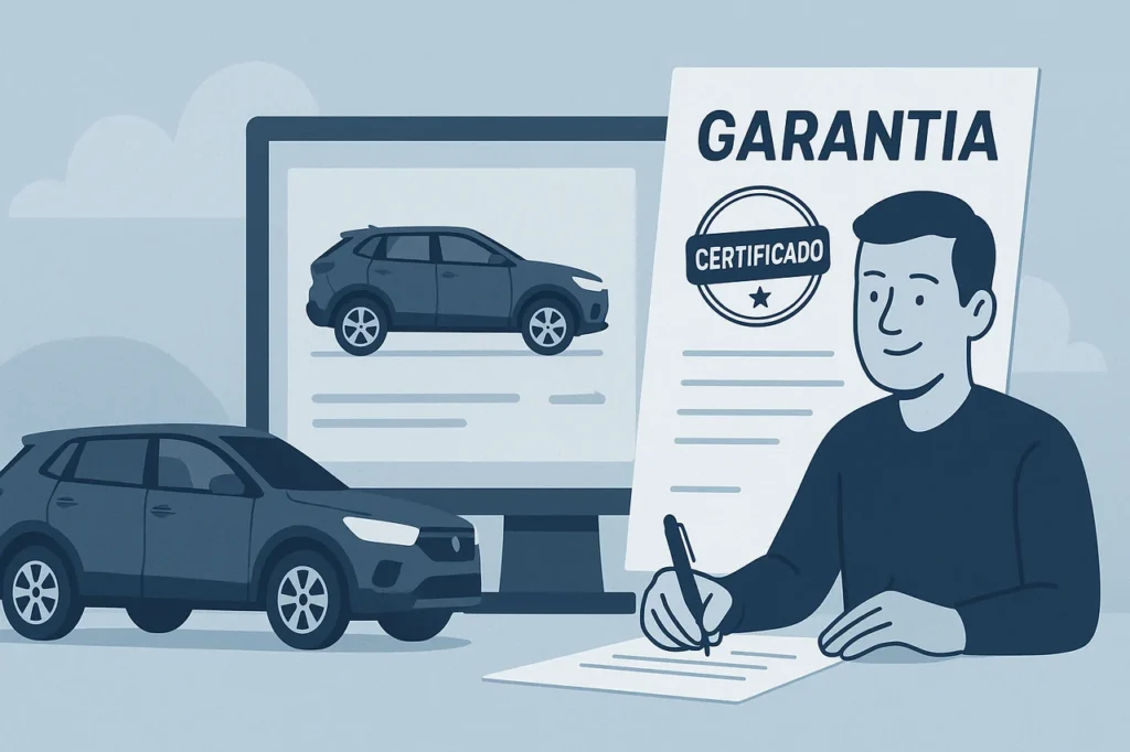 Seminovos com garantia estendida oferecem maior segurança e melhor valor de revenda 2 Ilustração mostrando comprador assinando contrato de garantia para SUV, representando o conceito de seminovos com garantia estendida