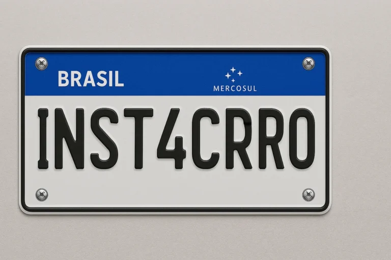 Placa de veículo brasileira no padrão Mercosul, com fundo branco, faixa azul superior com a palavra 'BRASIL' à esquerda e o símbolo do Mercosul à direita. A combinação de caracteres na placa é 'INST4CRRO - placa clonada