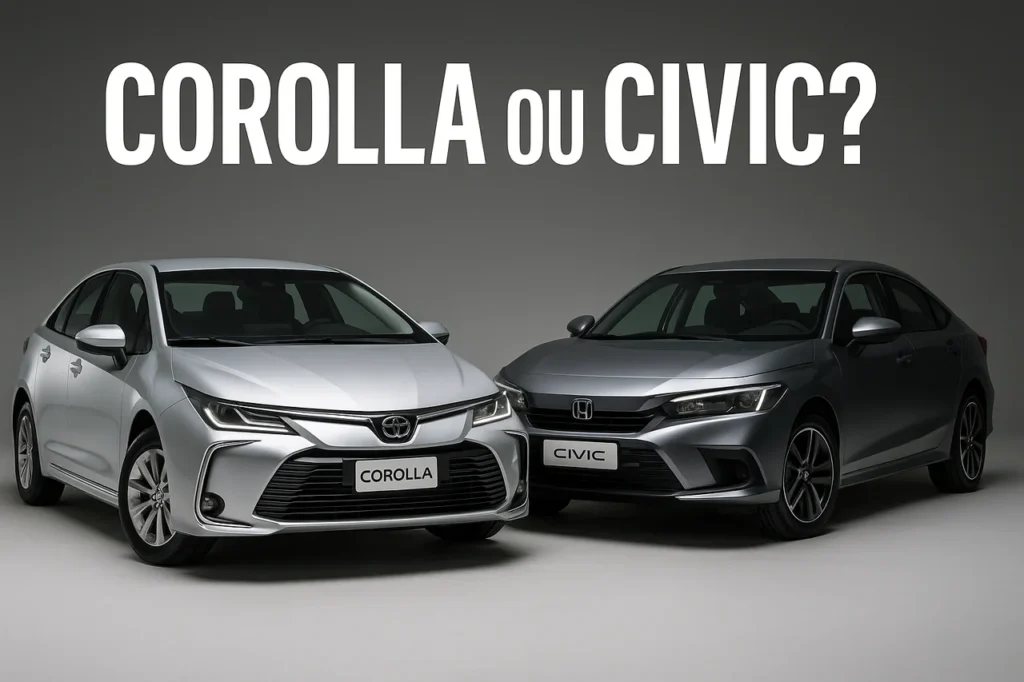 Dois carros sedãs lado a lado em um estúdio com fundo cinza: à esquerda, um Toyota Corolla prata; à direita, um Honda Civic cinza escuro. Acima dos veículos, a pergunta 'COROLLA ou CIVIC?' em letras grandes brancas.