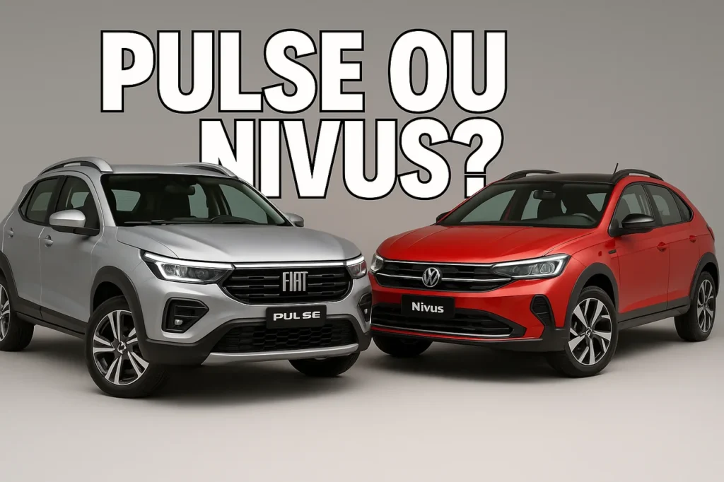 Comparativo: Pulse ou Nivus? Veja qual é o melhor de revenda 1 Comparativo entre os SUVs Fiat Pulse e Volkswagen Nivus lado a lado, com a pergunta 'Pulse ou Nivus?' destacada ao fundo